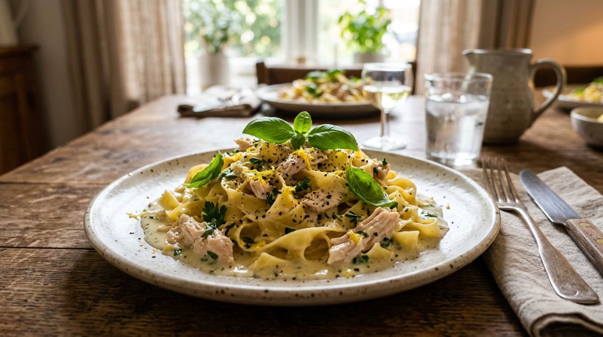 A family pasta dinner made from pantry ingredients